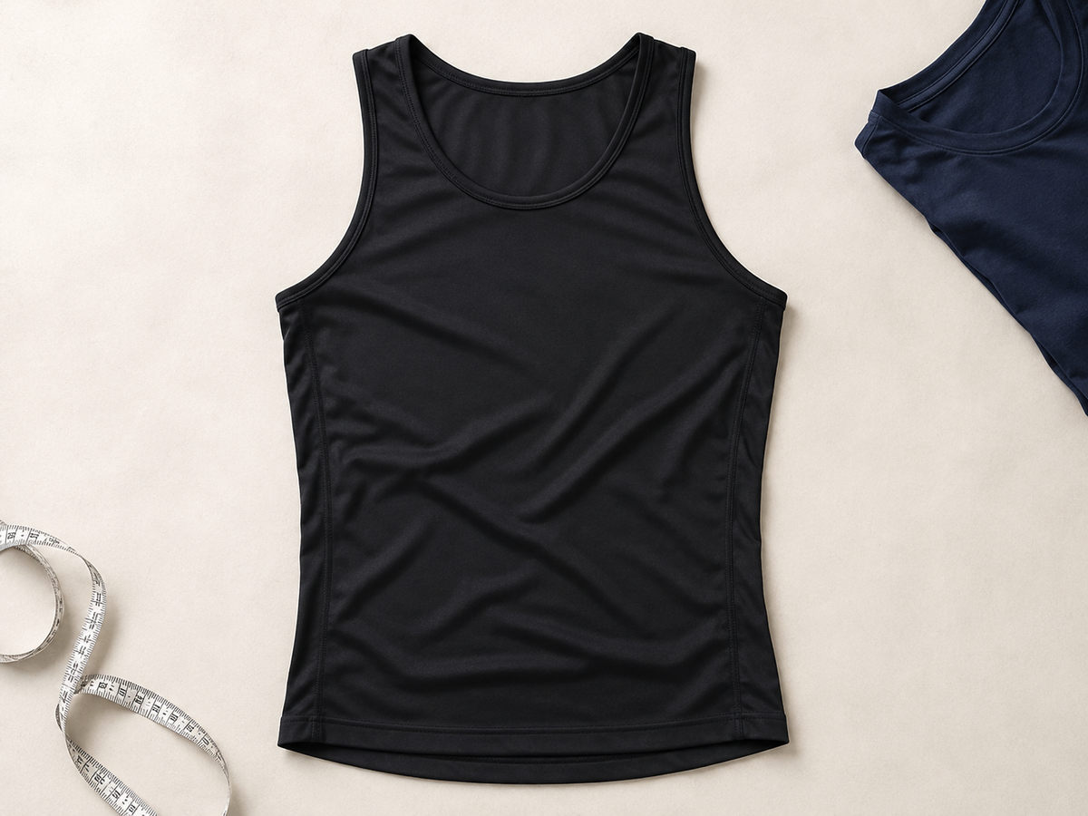 Black compression tank laid flat on off-white paper with a tape measure and folded navy shirt