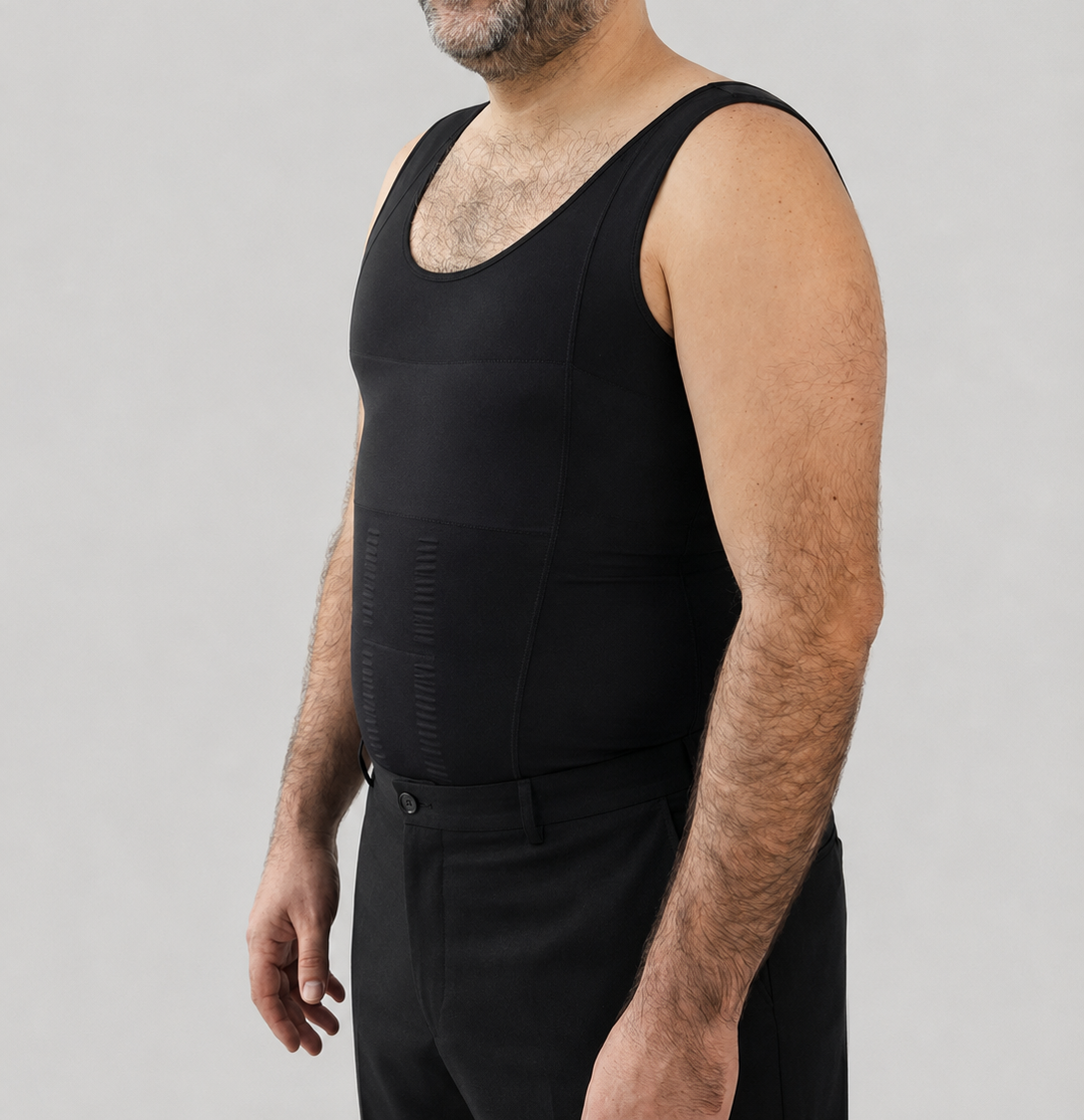 FormCore men's compression tank top worn under a T-shirt, front view